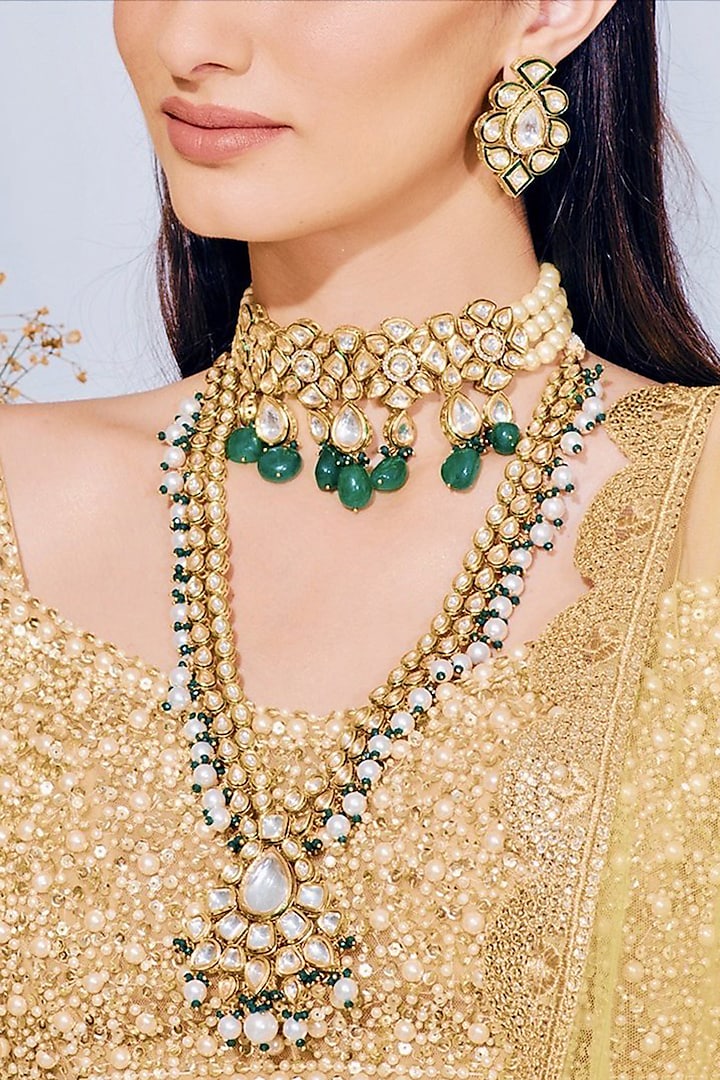 Gold Plated Green Kundan Polki Necklace by Prerto