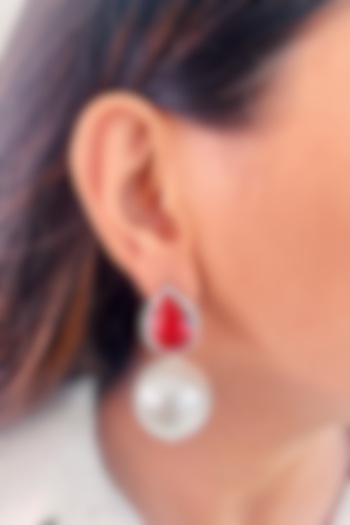 White Finish Red Stone & Pearl Drop Dangler Earrings by Prerto