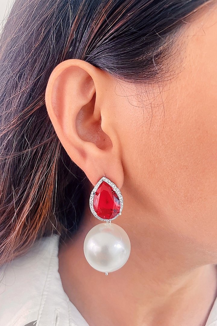 White Finish Red Stone & Pearl Drop Dangler Earrings by Prerto