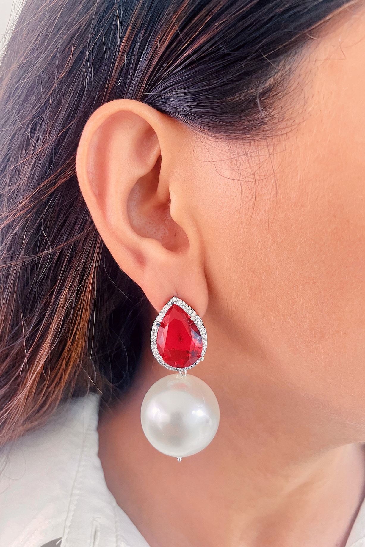 White Finish Red Stone Pearl Drop Dangler Earrings Design by