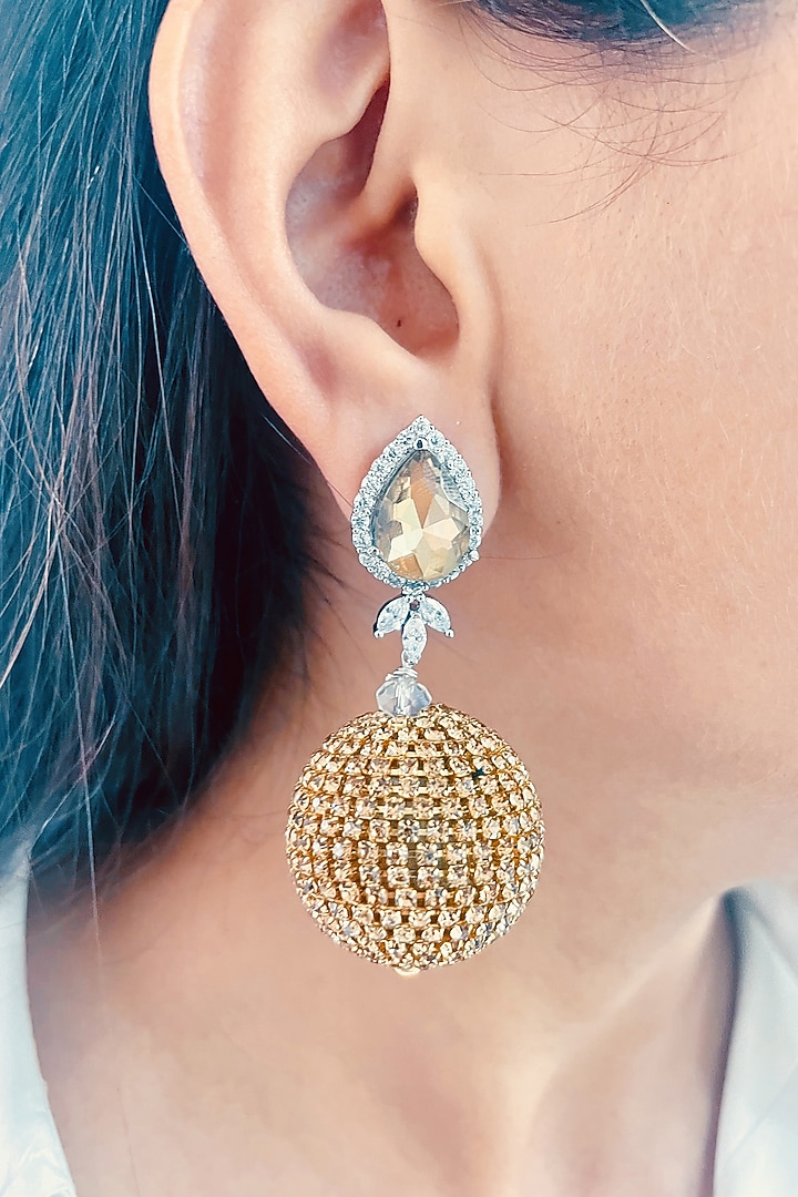 Two Tone Finish Yellow Diamante & Zircon Dangler Earrings by Prerto at Pernia's Pop Up Shop