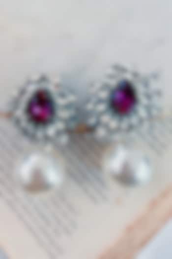 Black Rhodium Finish Purple Swarovski & Pearl Dangler Earrings by Prerto