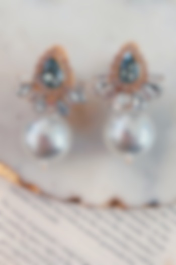 Gold Finish White Swarovski & Pearl Dangler Earrings by Prerto