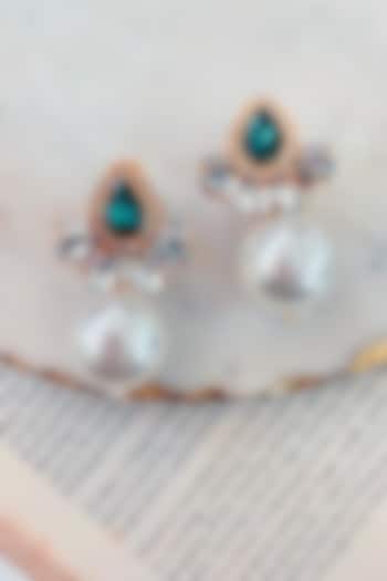 Gold Finish Green Swarovski & Pearl Dangler Earrings by Prerto