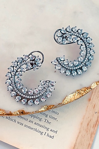 Black Rhodium Finish White Zircon Hoop Earrings by Prerto