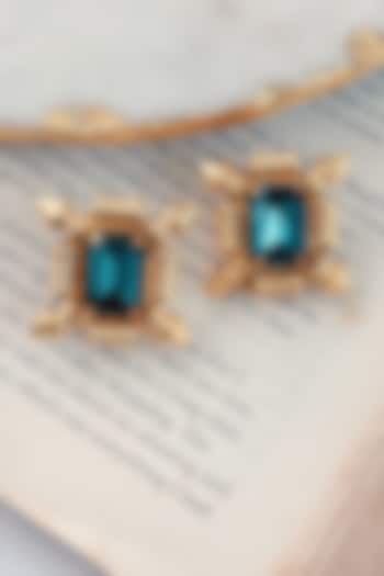 Gold Finish Green Swarovski Stud Earrings by Prerto