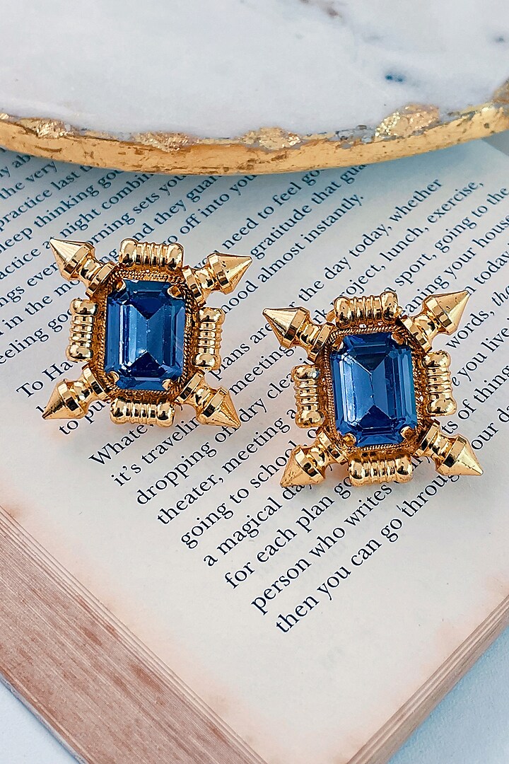 Gold Finish Blue Swarovski Stud Earrings by Prerto