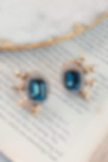 Gold Finish Blue Swarovski Stud Earrings by Prerto