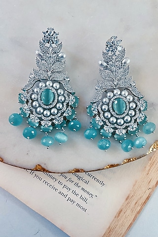White Finish Blue Zircon Dangler Earrings by Prerto