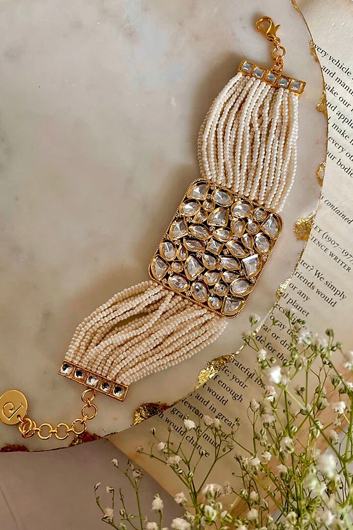 Gold Finish Kundan Polki Bracelet by Prerto at Pernia's Pop Up Shop