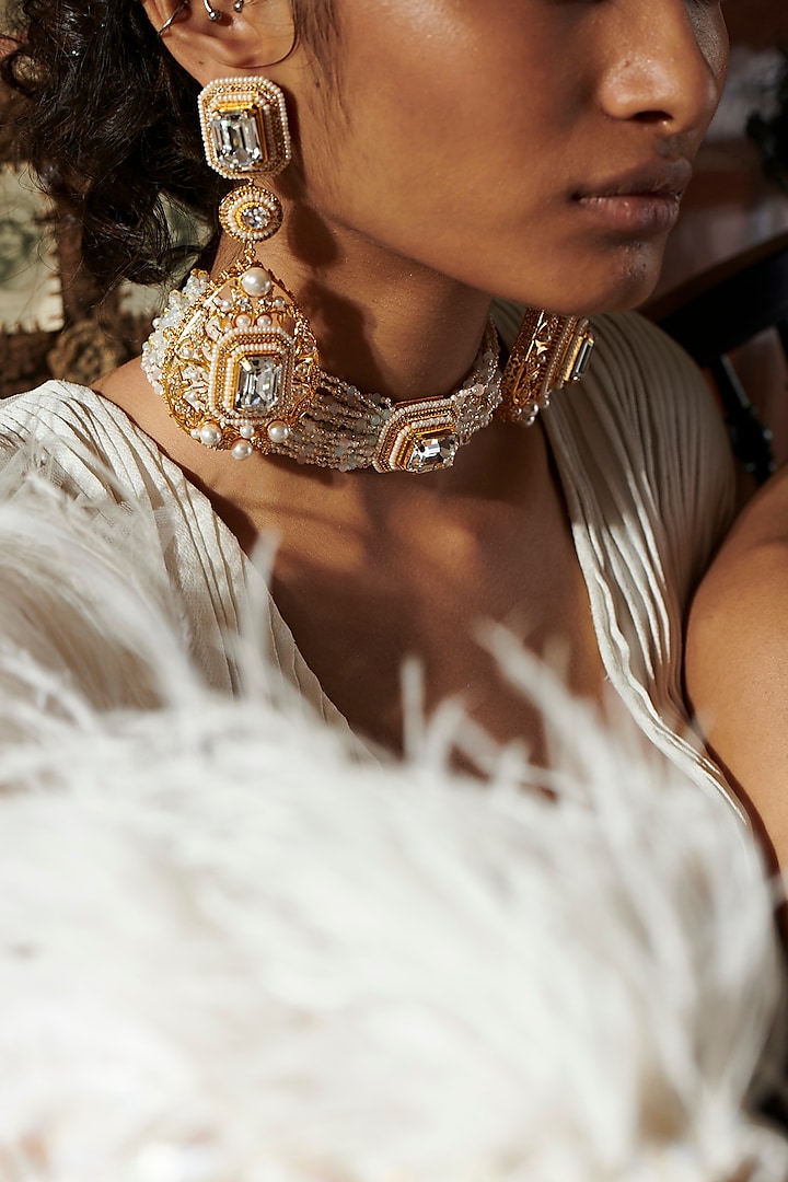 Gold Plated Swarovski Pearl Dangler Earrings by Prerto