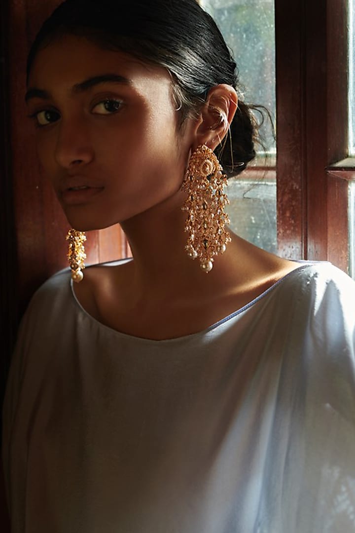 Gold Plated Kundan Polki Dangler Earrings by Prerto