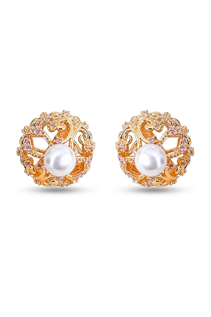 Gold Finish Shell Pearl Earrings by Prerto