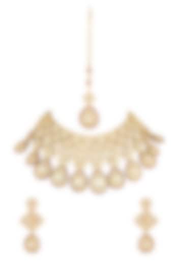 Gold Finish Jadau Kundan Necklace Set by Parure