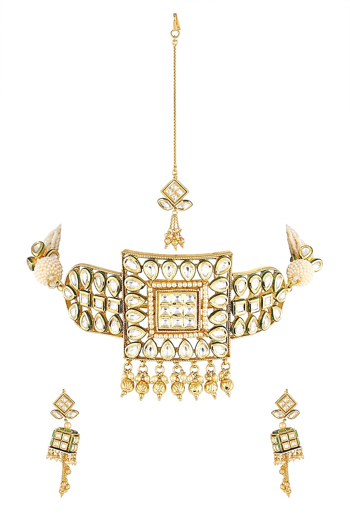 Gold Finish Choker Necklace Set by Parure