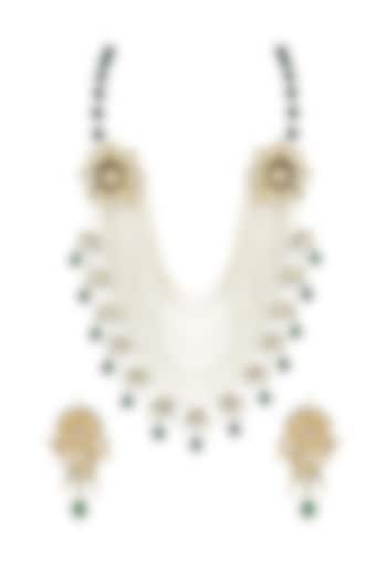 Gold Finish Pearl Floral Necklace Set by Parure