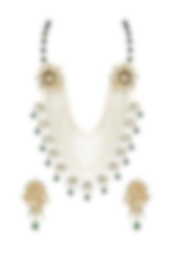 Gold Finish Pearl Floral Necklace Set by Parure