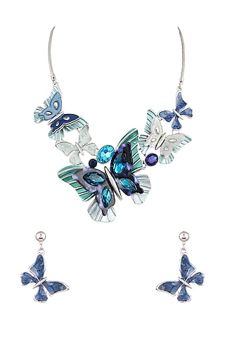 White Finish Crystal Butterfly Necklace Set by Parure