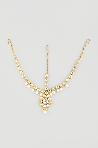 Gold Finish Kundan Polki & Pearl Handcrafted Mathapatti by Parure