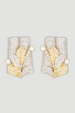 Two Tone Finish Zircon Stud Earrings by Parure
