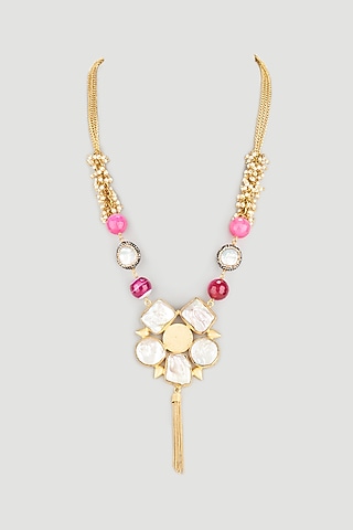 Gold Finish Zircon Long Mala Necklace by Parure