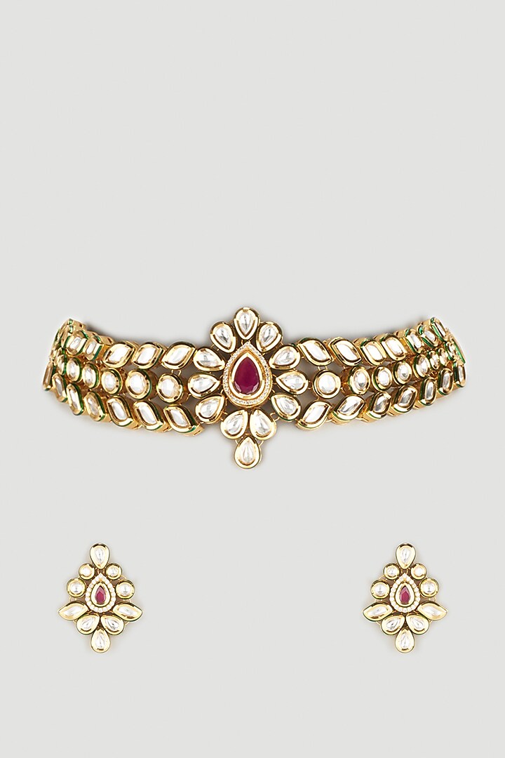 Gold Finish Kundan Polki Choker Necklace Set by Parure