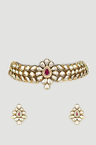 Gold Finish Kundan Polki Choker Necklace Set by Parure