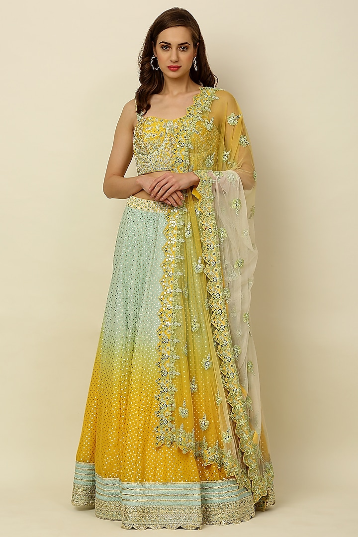 Mint & Dandelion Yellow Ombre Lehenga Set by Priyanka Jain