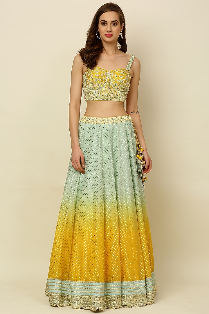 Mint & Dandelion Yellow Ombre Wedding Lehenga Set by Priyanka Jain at Pernia's Pop Up Shop