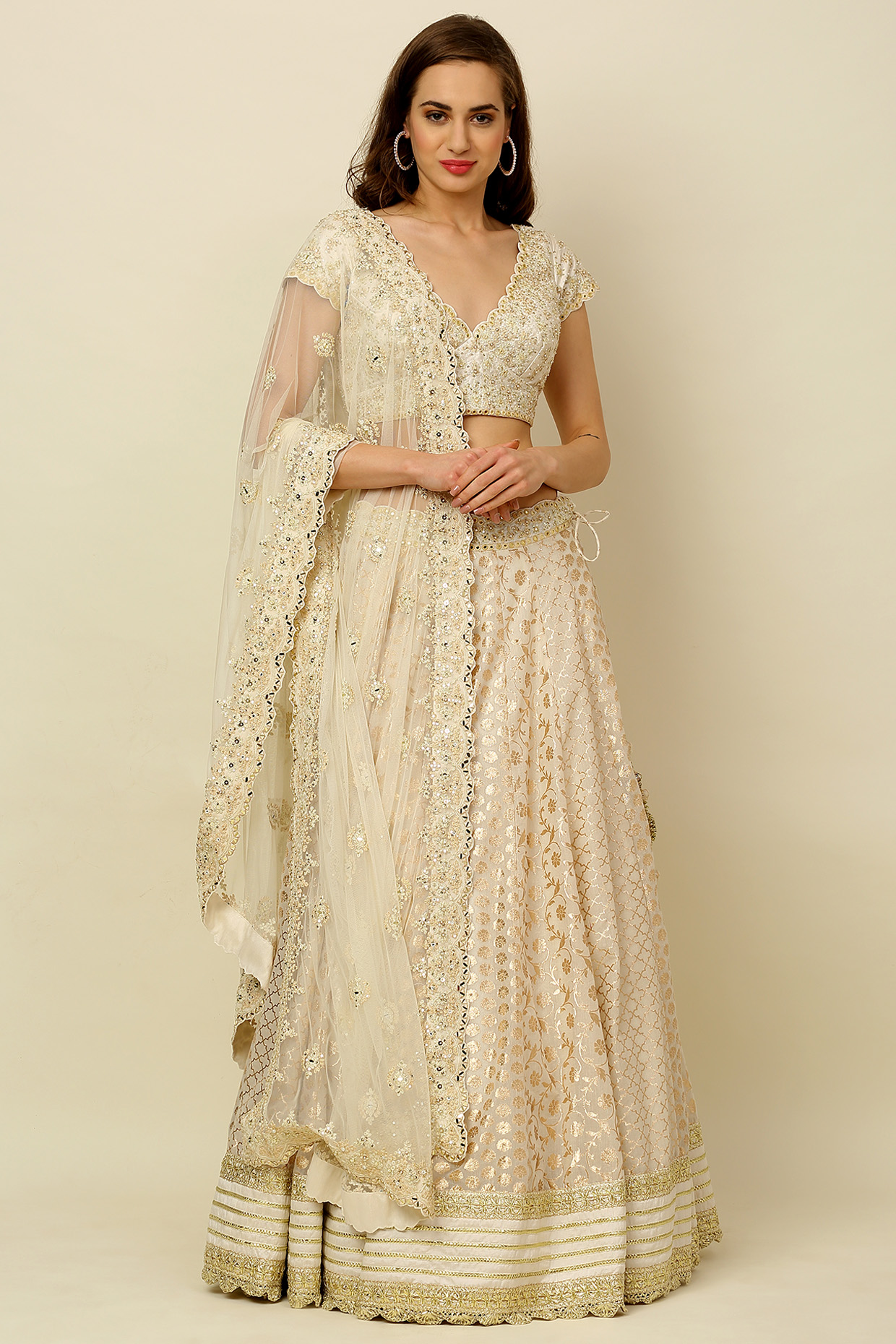 Ivory Chanderi Wedding Lehenga Set by Priyanka Jain at Pernia's Pop Up Shop