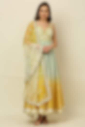 Mint & Dandelion Yellow Ombre Anarkali Set by Priyanka Jain