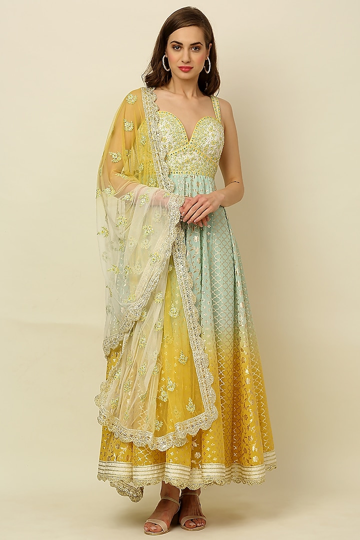 Mint & Dandelion Yellow Ombre Anarkali Set by Priyanka Jain