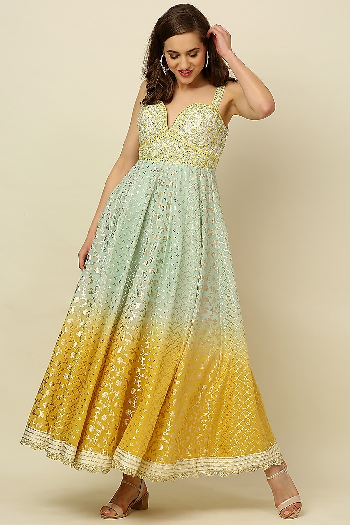 Mint & Dandelion Yellow Ombre Wedding Anarkali Set by Priyanka Jain at Pernia's Pop Up Shop