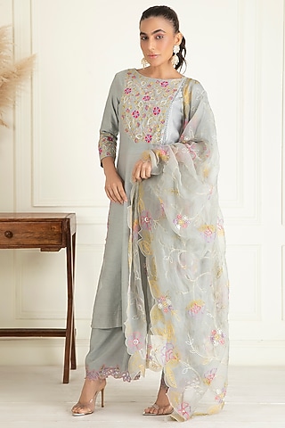 Steel Grey Chanderi Embroidered Kurta Set by Priyanka Jain
