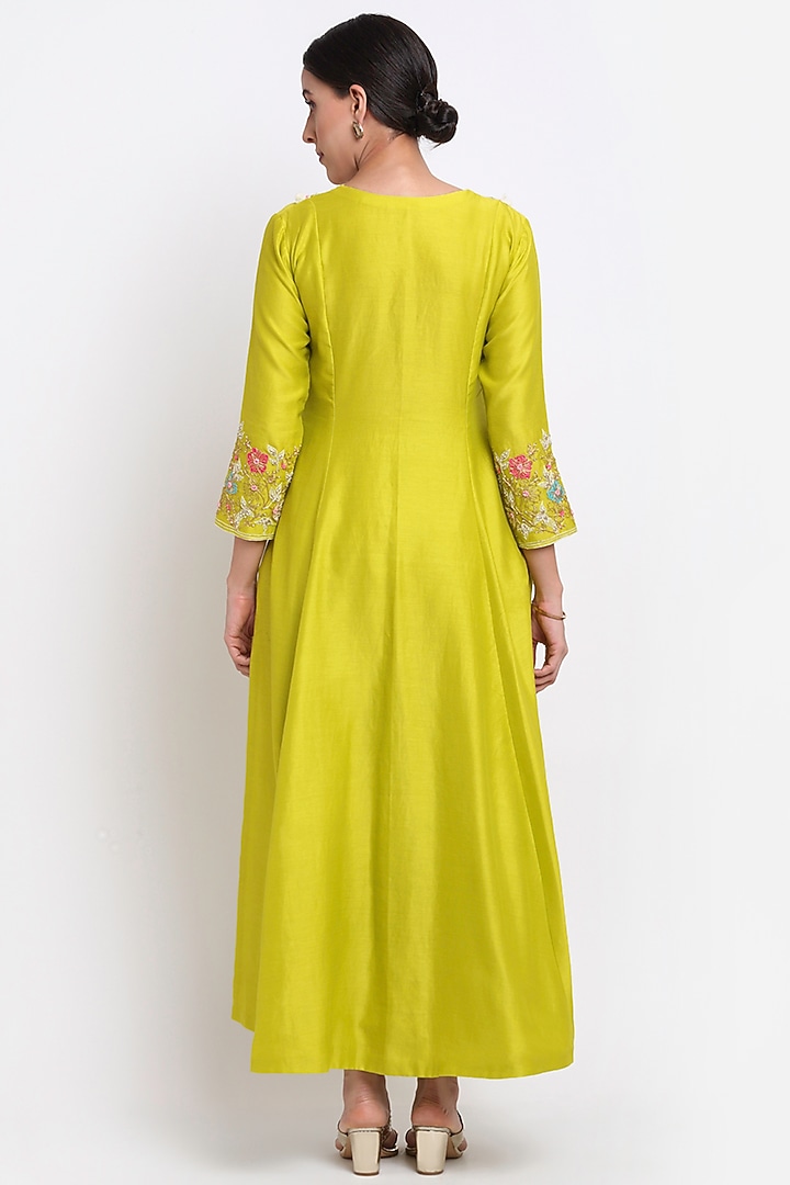 Lime Green Self Design Chanderi Kurta Set