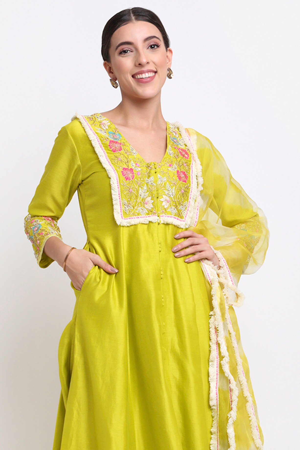 Women Lime Green Chanderi Embroidered Wrap Anarkali Kurta