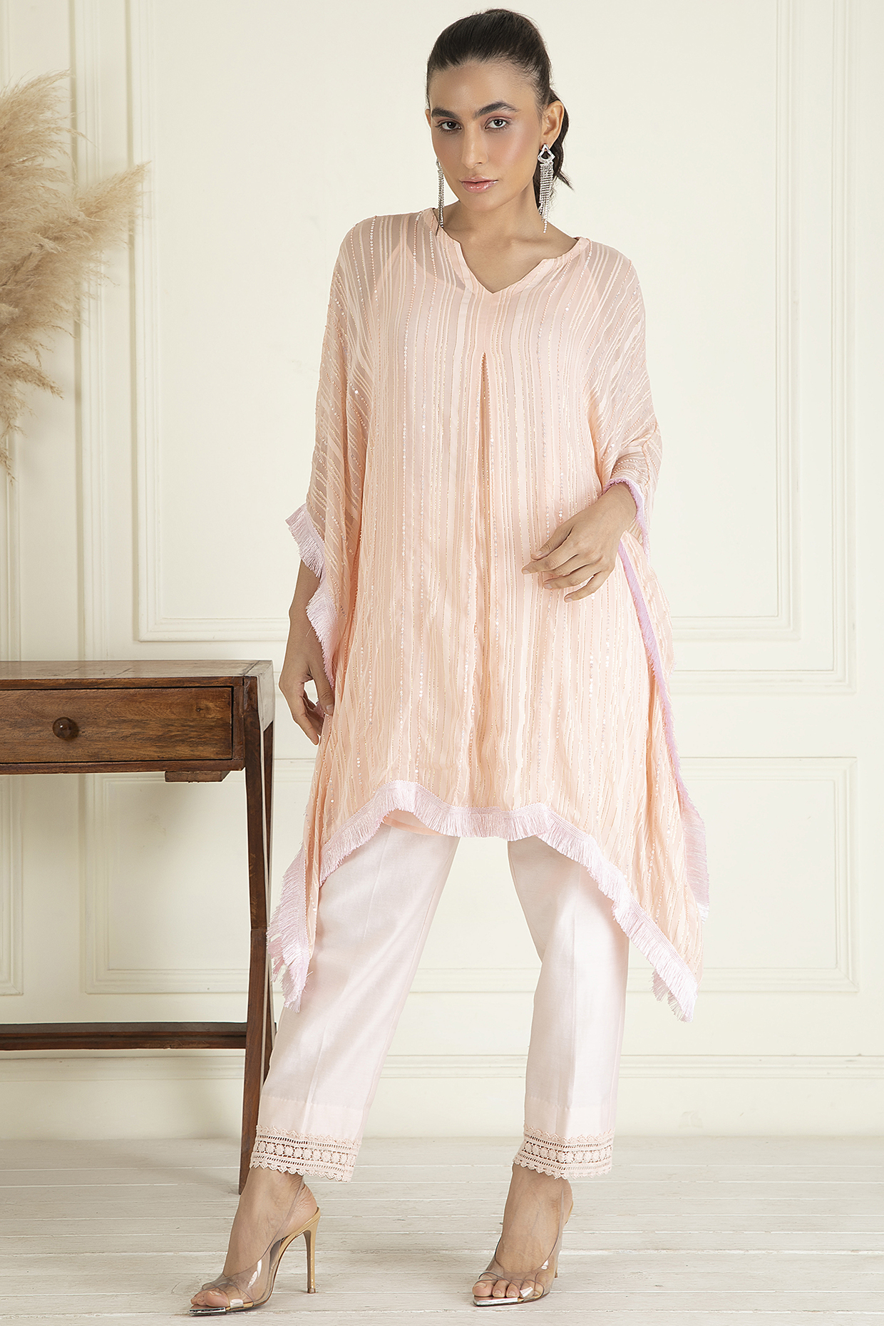 Peach Lurex Georgette Hand Embroidered Kaftan Set by Priyanka Jain at Pernia's Pop Up Shop
