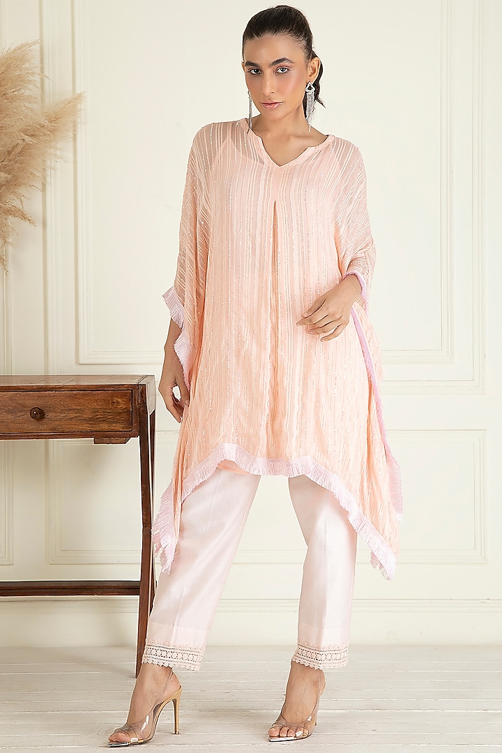 Peach Lurex Georgette Hand Embroidered Kaftan Set by Priyanka Jain at Pernia's Pop Up Shop