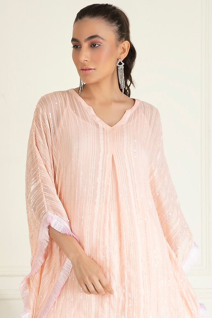 Peach Lurex Georgette Hand Embroidered Kaftan Set by Priyanka Jain at Pernia's Pop Up Shop