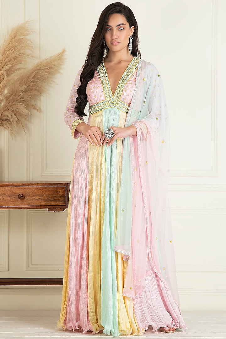 Pastel Multi-Colored Lurex Georgette Embroidered Anarkali Set by Priyanka Jain at Pernia's Pop Up Shop