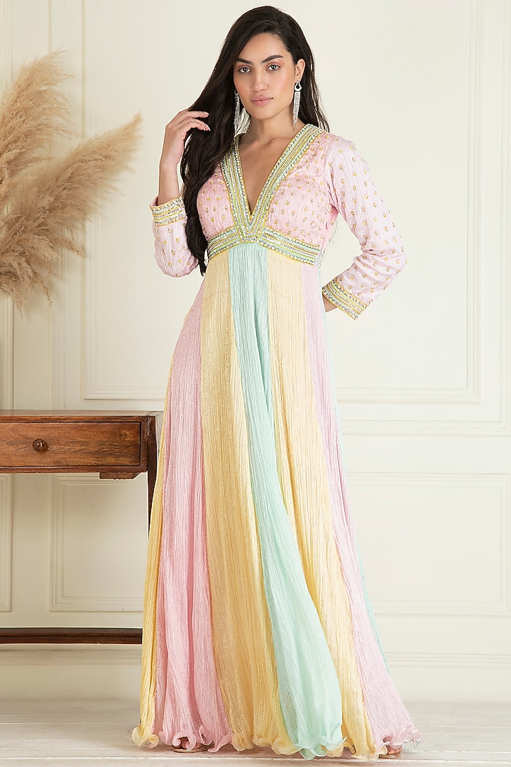 Pastel Multi-Colored Lurex Georgette Embroidered Wedding Anarkali Set by Priyanka Jain at Pernia's Pop Up Shop