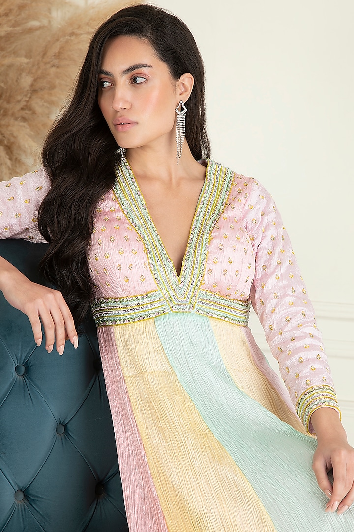 Pastel Multi-Colored Lurex Georgette Embroidered Wedding Anarkali Set by Priyanka Jain at Pernia's Pop Up Shop