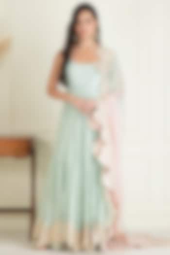 Powder Blue Lurex Georgette Embroidered Wedding Anarkali Set by Priyanka Jain at Pernia's Pop Up Shop