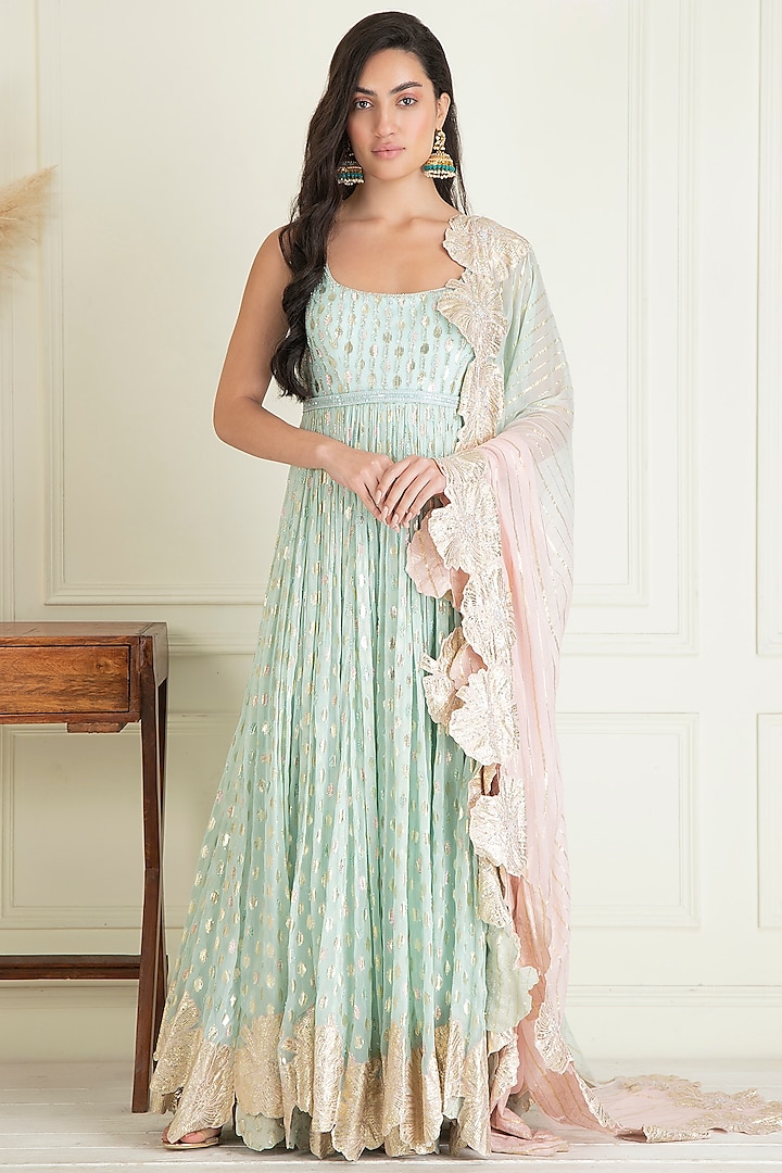 Powder Blue Lurex Georgette Embroidered Wedding Anarkali Set by Priyanka Jain at Pernia's Pop Up Shop