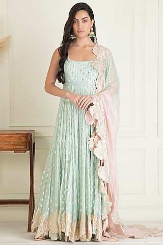 Powder Blue Lurex Georgette Embroidered Anarkali Set by Priyanka Jain