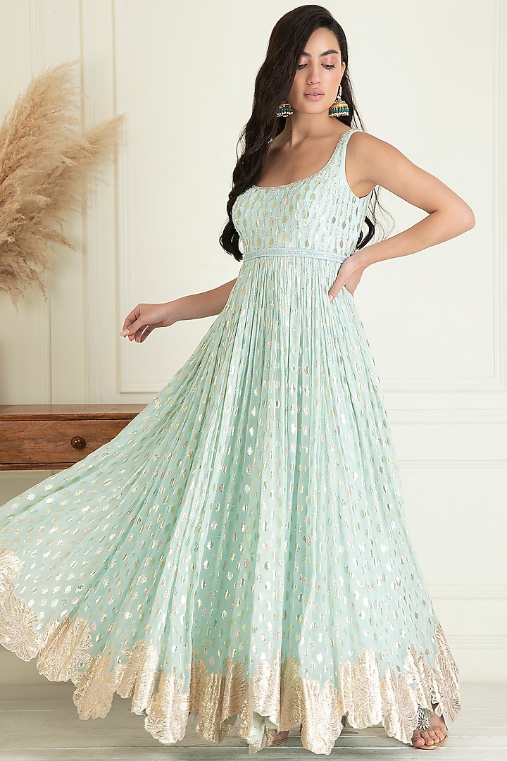 Powder Blue Lurex Georgette Embroidered Wedding Anarkali Set by Priyanka Jain at Pernia's Pop Up Shop
