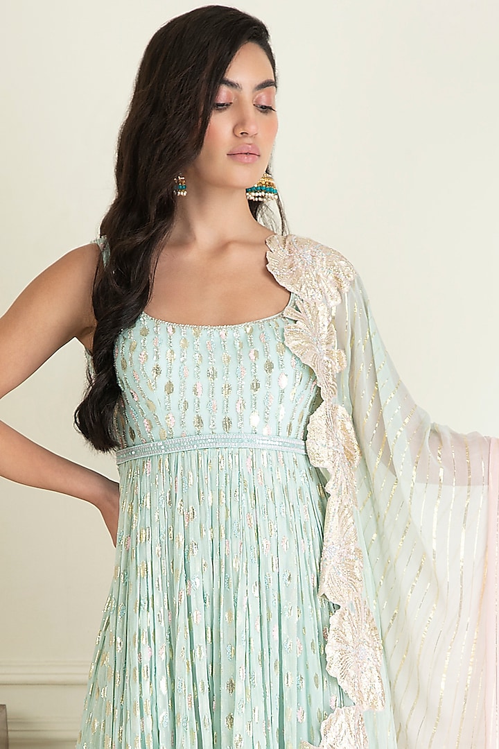 Powder Blue Lurex Georgette Embroidered Wedding Anarkali Set by Priyanka Jain at Pernia's Pop Up Shop