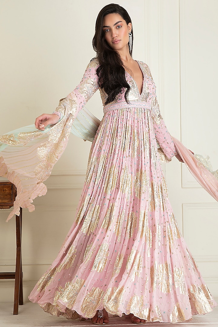 Blush Pink Lurex Georgette Embroidered Anarkali Set by Priyanka Jain Pret