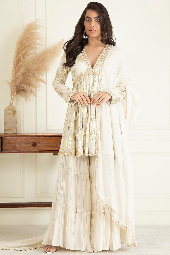 Ivory Lurex Georgette Sharara Set by Priyanka Jain Pret