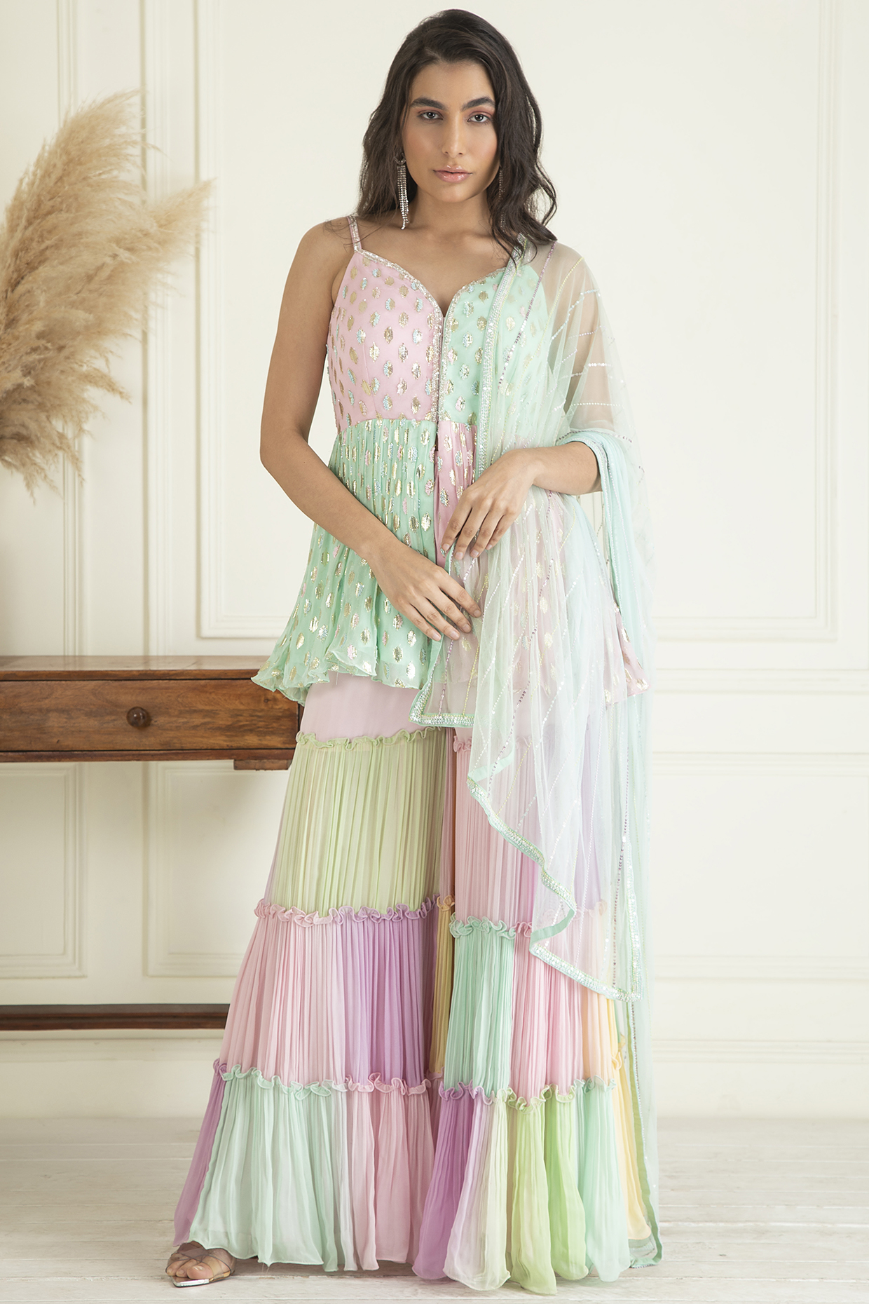Pastel Multi-Colored Lurex Georgette Party Wear Sharara Set by Priyanka Jain at Pernia's Pop Up Shop